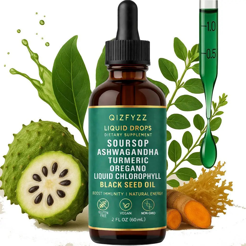 Qizfyzz Soursop Bitters Liquid Drops 10-in-1 with Nori, Moringa, Turmeric, Black Seed Oil, Oregano, Ashwagandha | Herbal Extracts for Overall Health | Vegan, Non-GMO | 2 fl oz
